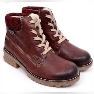 Rieker Burgundy Leather Lace-Up Ankle Boots with Knit Collar
